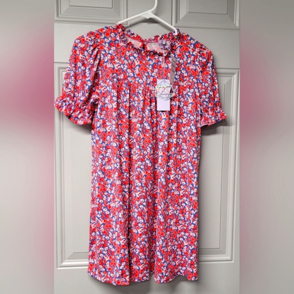 Good luck Girl's Floral Red and Blue Dress size L (8-10) Ruffles